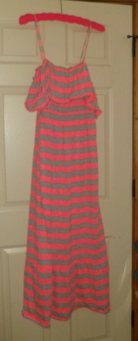 Women’s Miken Pink & Gray Striped Maxi Ruffle Top Empire Waist Dress Sz 2