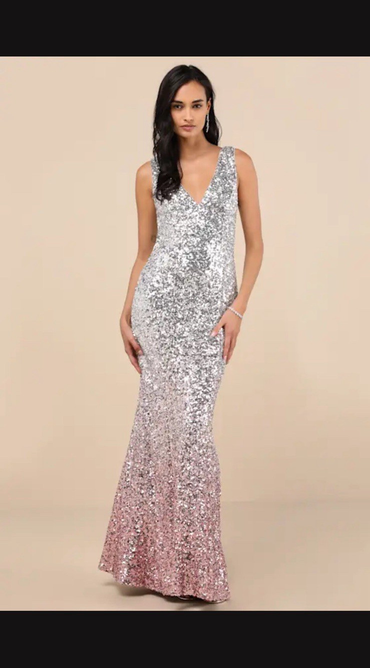 Women’s XS Silver Pink Ombre Sequin Maxi Dress Sleeveless V-Neck Backless