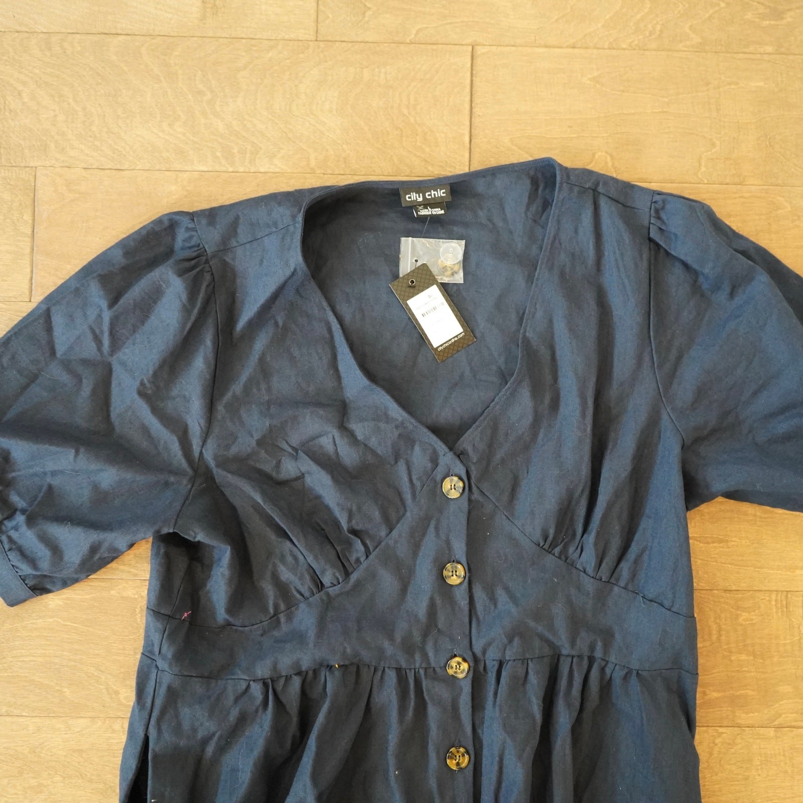 City Chic Navy Blue Linen Blend Button Front Midi Dress Size L NWT