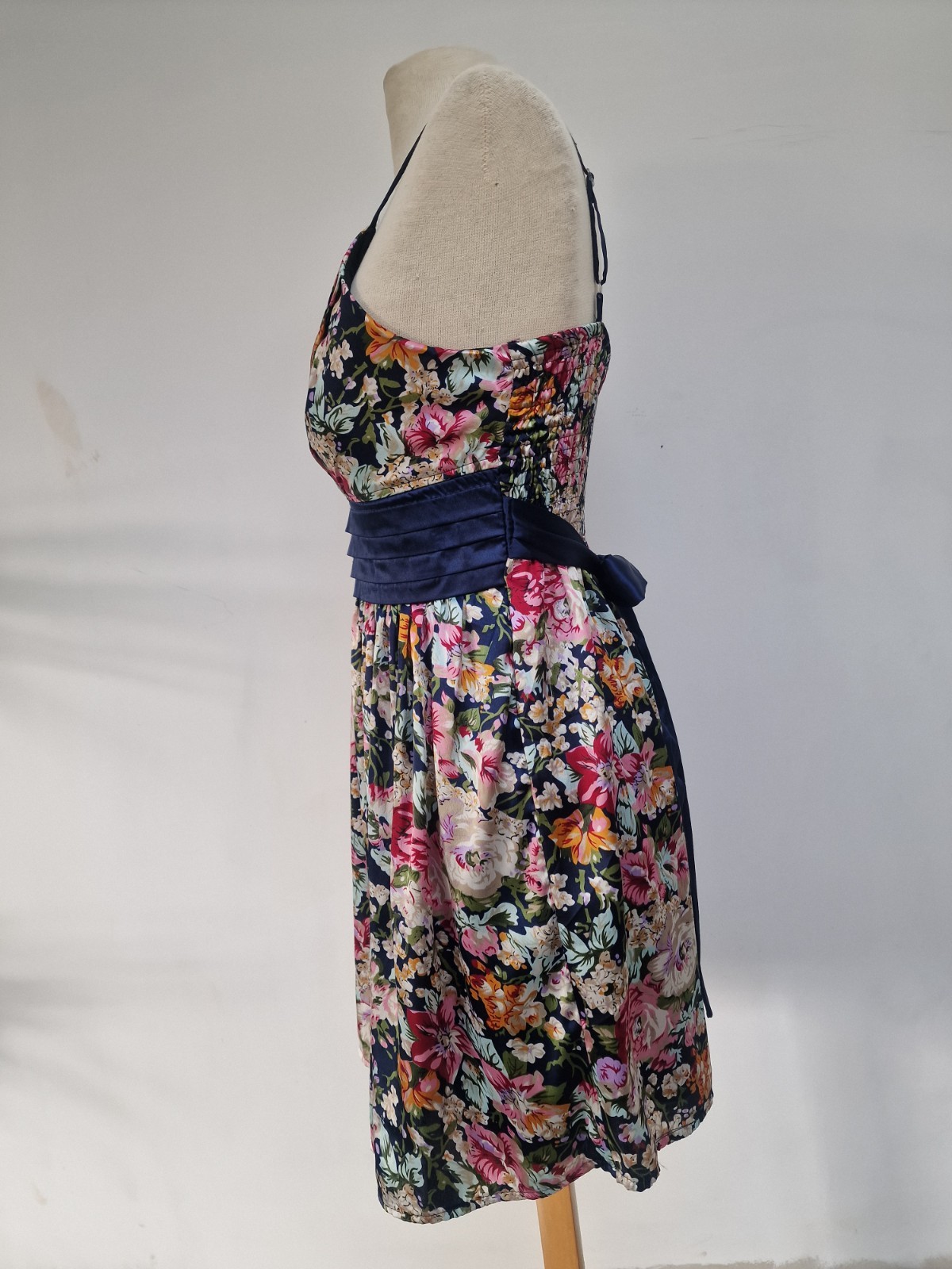 Gorgeous Satin Look Navy Blue Floral Dress Mela Love London Size Medium Occasion