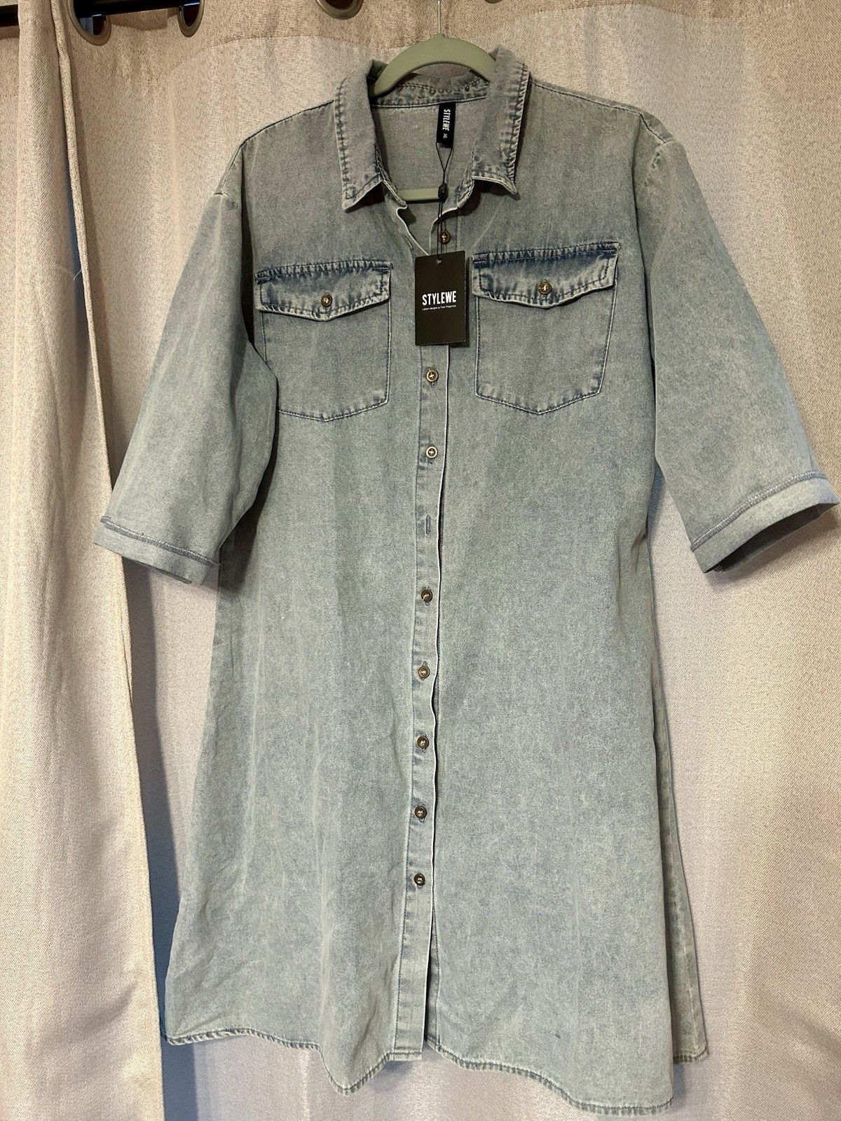 Stylewe Women’s Blue Denim Shirt Dress Collared Button-Front 3/4 Sleeve XL