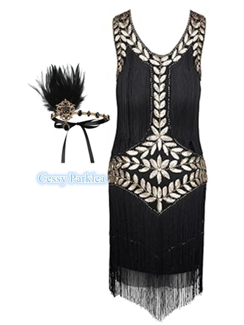 X-Q2-5 Deluxe Ladies 1920s Roaring 20s Flapper Gatsby Costume Sequins Black/Gold