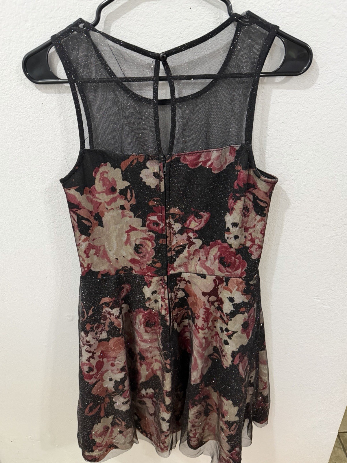 Trixxi Floral Glitter Mesh Fit & Flare Dress Women’s Size L Black Pink