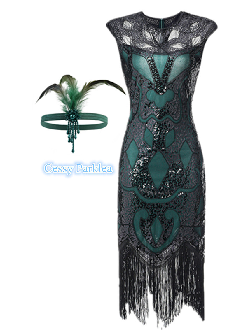 Z-A2-4 Deluxe Ladies 1920s Roaring 20s Flapper Gatsby Costume Green/Black