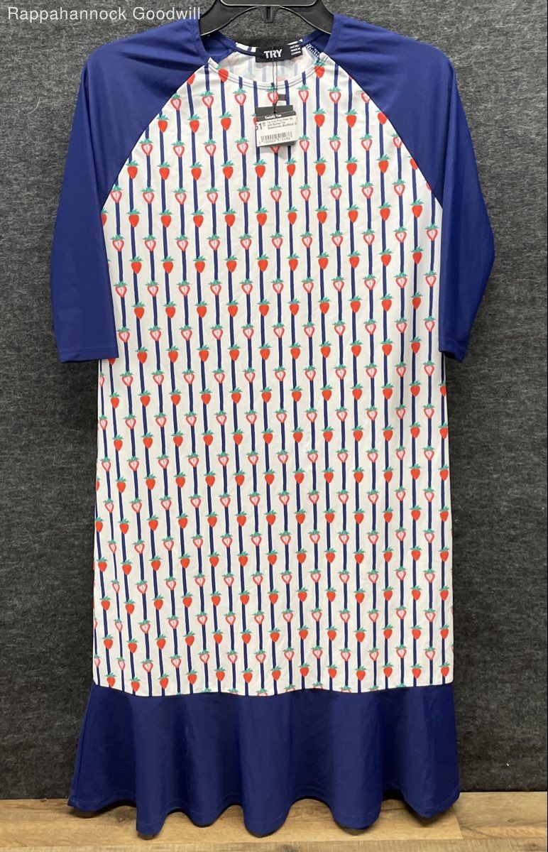 TRY Women’s Strawberry Striped Fruit Print Cover Up Ruffled Dress Sz 20 NWT