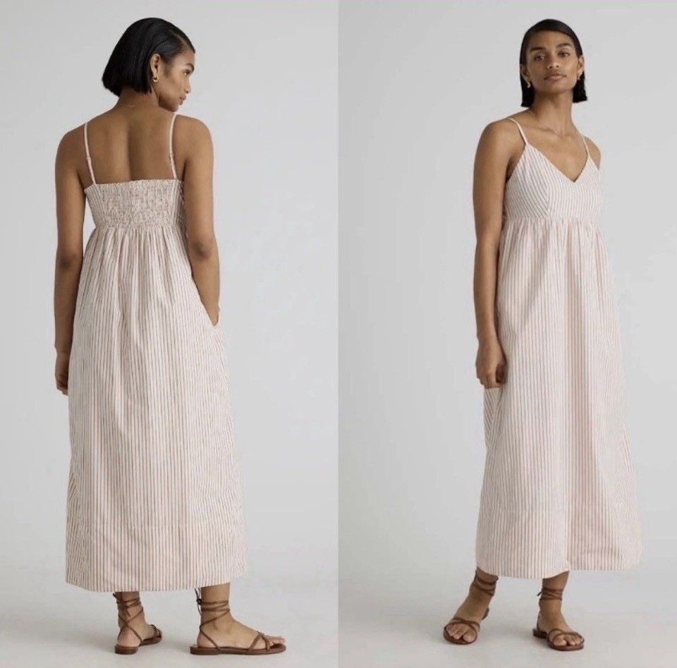 Quince Organic Cotton Sleeveless Maxi Dress S Empire Waist Striped Smocked Back