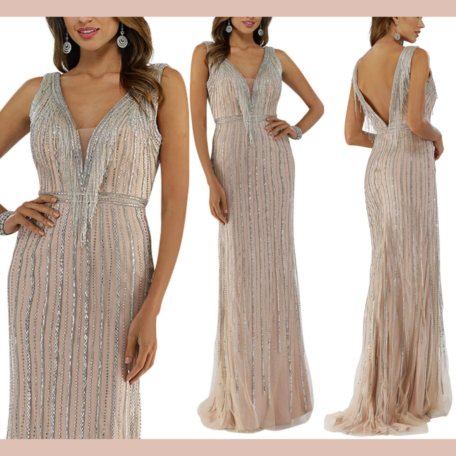 NWT $698 Lara [ 6 ] 29680 Beaded Fringe V-Neck Sleeveless Column Gown Nude J2021