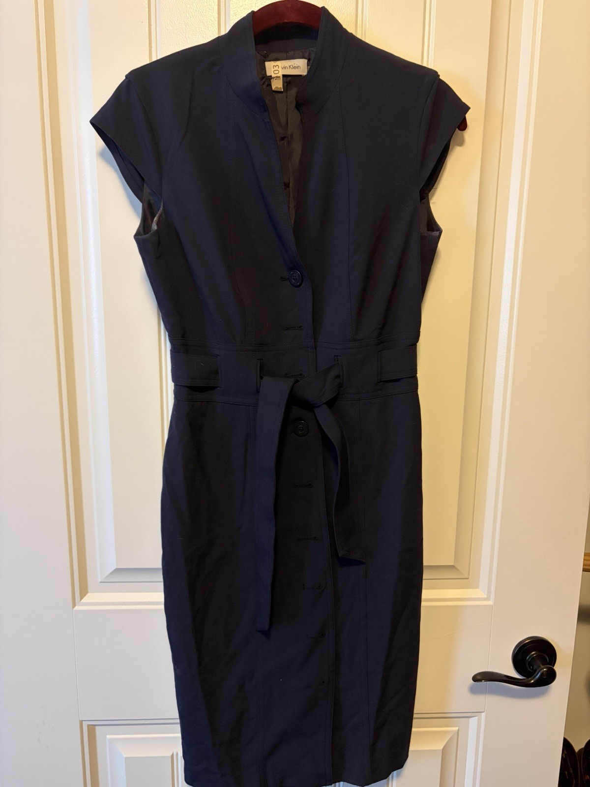 Calvin Klein Women’s Navy & Beige Belted Button Front Shirt Dresses sz 2