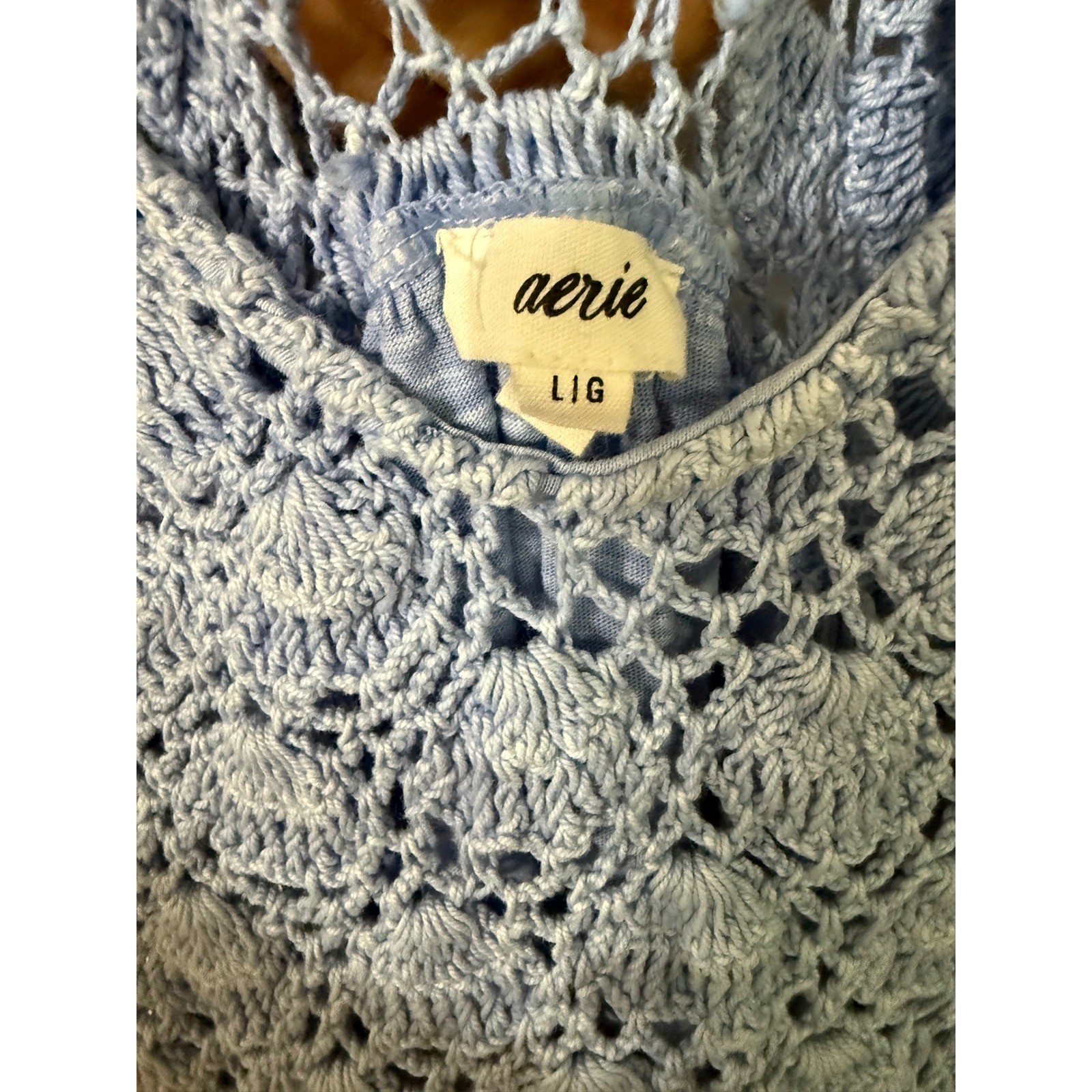 Aerie Crochet Maxi Dress Ocean Sky Blue Cotton Boho Sleeveless Pockets Large