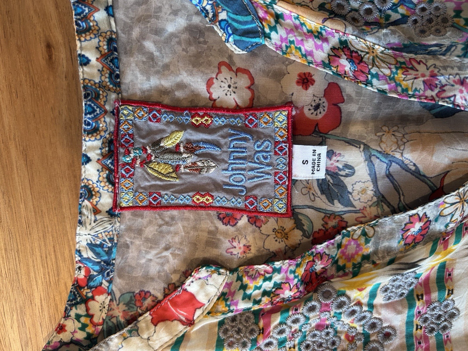 Johnny Was Patchwork Floral Silk Blend Dress Size S Boho Eyelet Detail