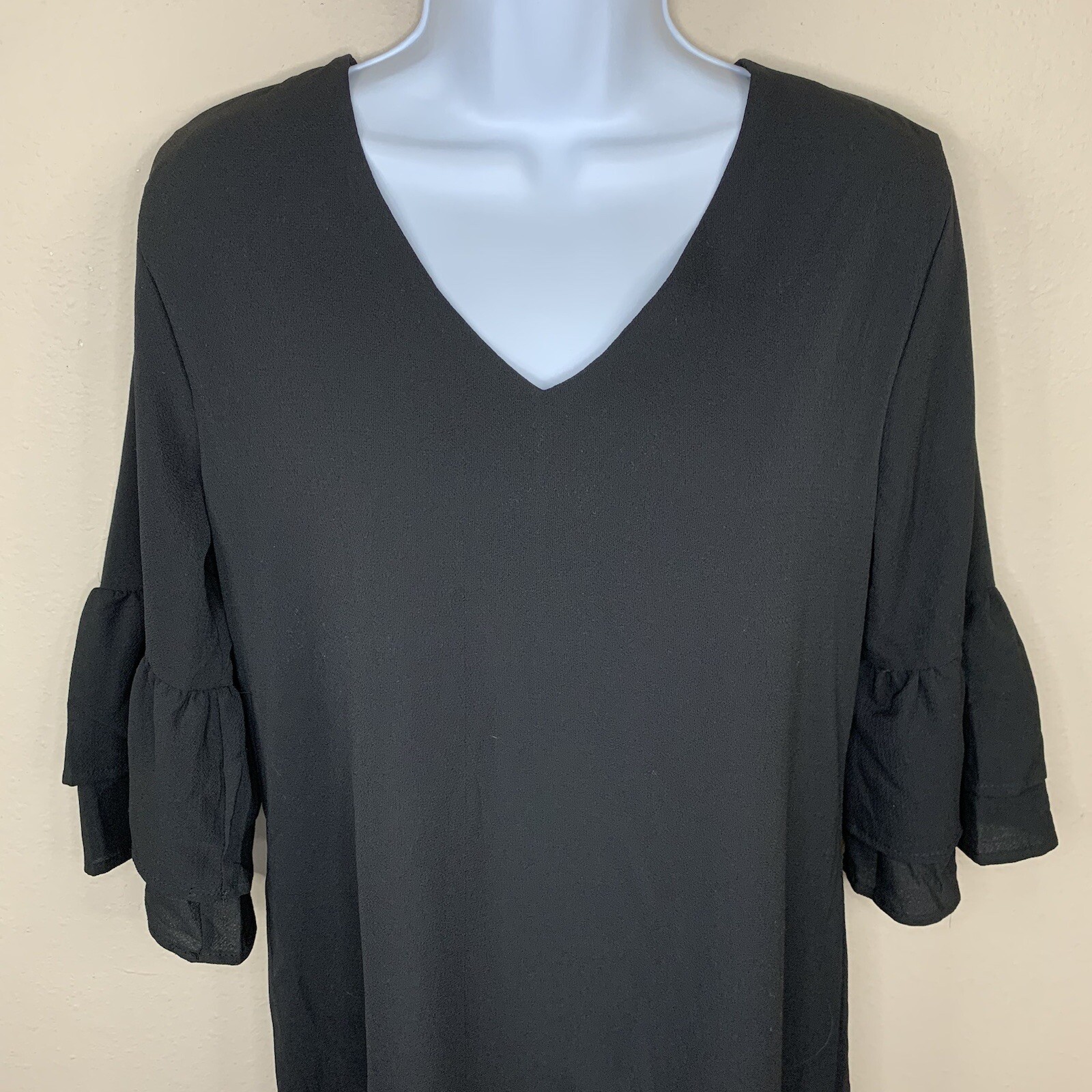 NEW Black V Neck Ruffle Bell Sleeve Dress Lnee Length Medium Opaque