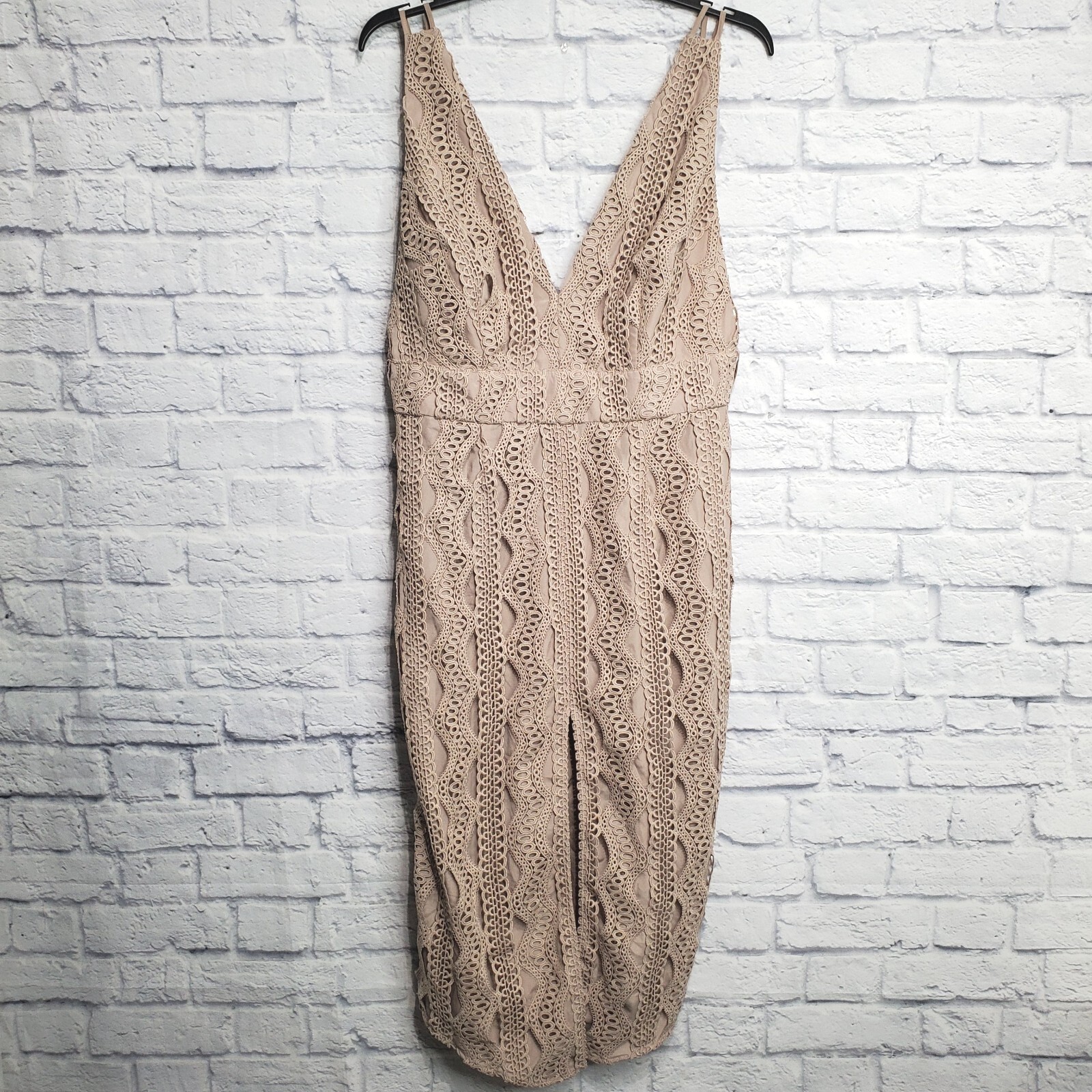 Asos Dress 14 Crochet Strappy Front Slit Plunge Deep V Neck Beige Lined NO BELT