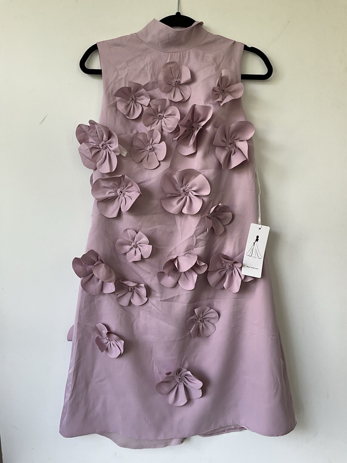 Unbranded 3D Floral Appliqué A-Line Dress Blush Pink Mock Neck Sleeveless