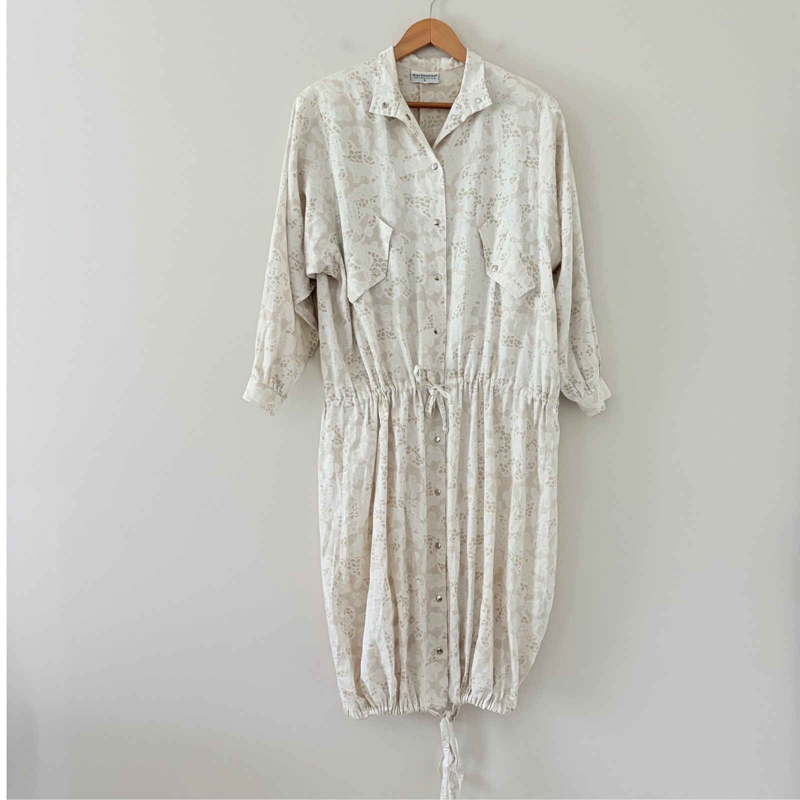 Marimekko Dress Shirt Dress S Beige Vintage Cotton Snap Front Drawstring Finnish