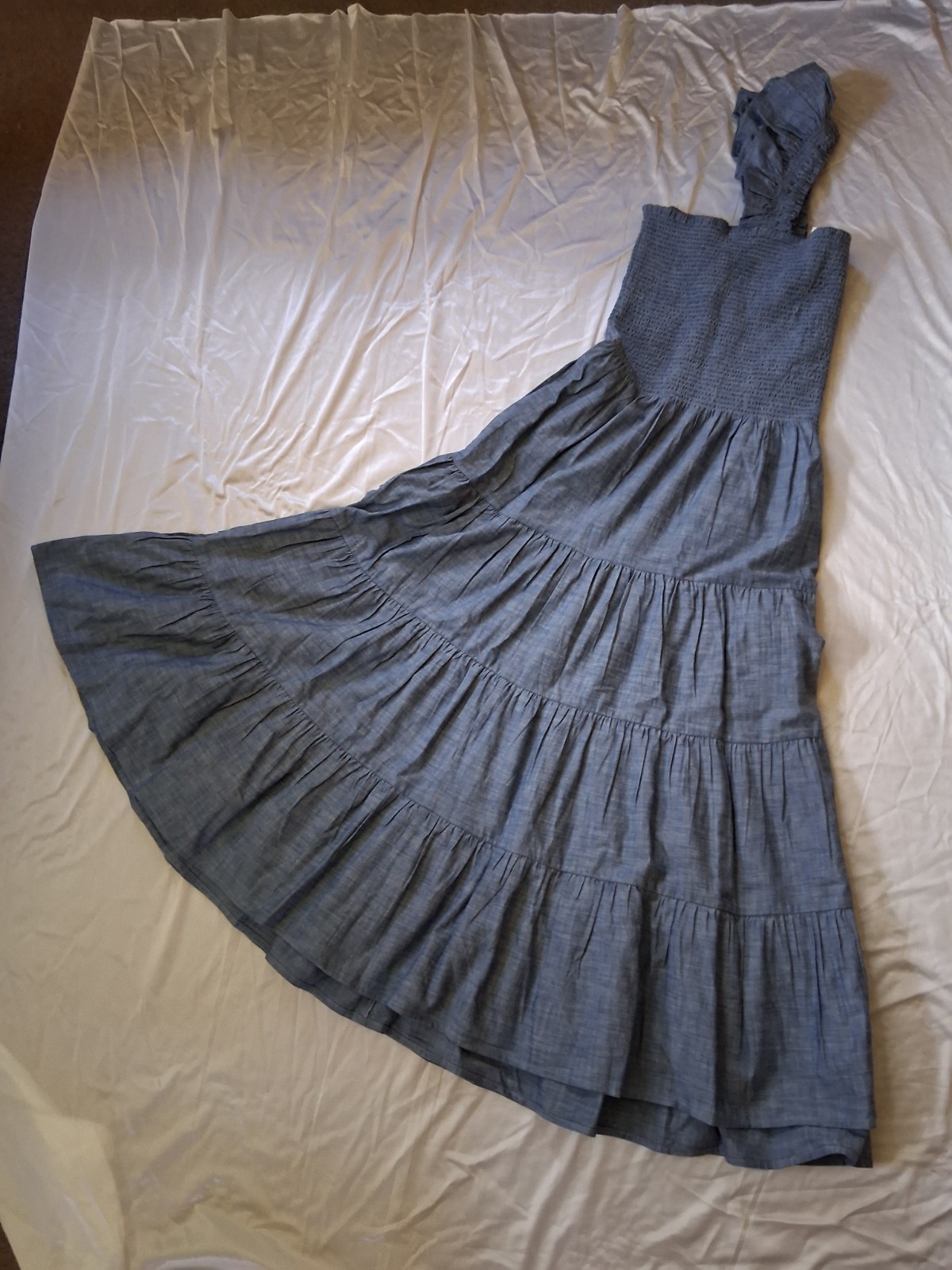 Lands’ End Chambray Smocked Bust Ruffle Straps Tiered Skirt Dress 2X – 24W-26W