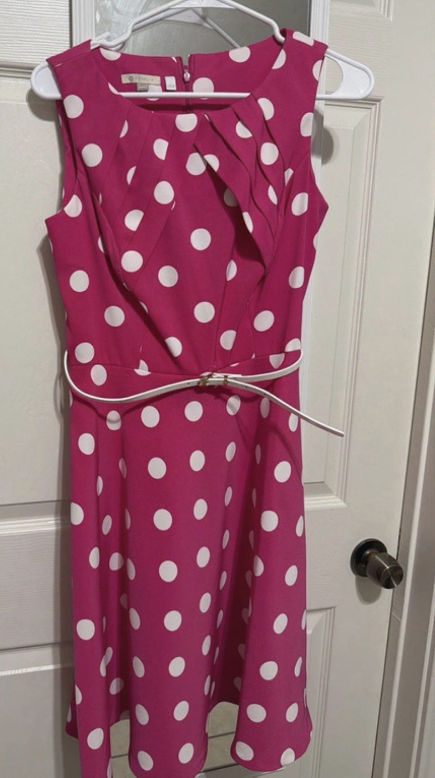 Dressbarn Darby Pink White Polka Dot Round Neck Sleeveless Belted Dress 6