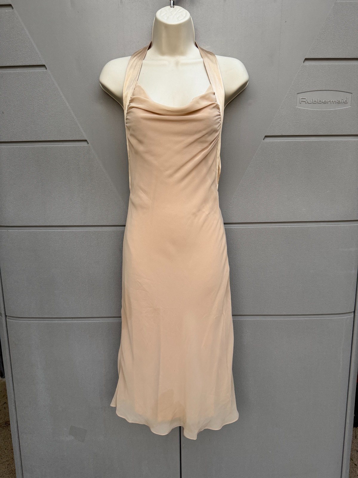 VTG A|X Armani Exchange Beige Silk Halter Midi Dress Sz 2 Cowl Neck Y2K Ethereal