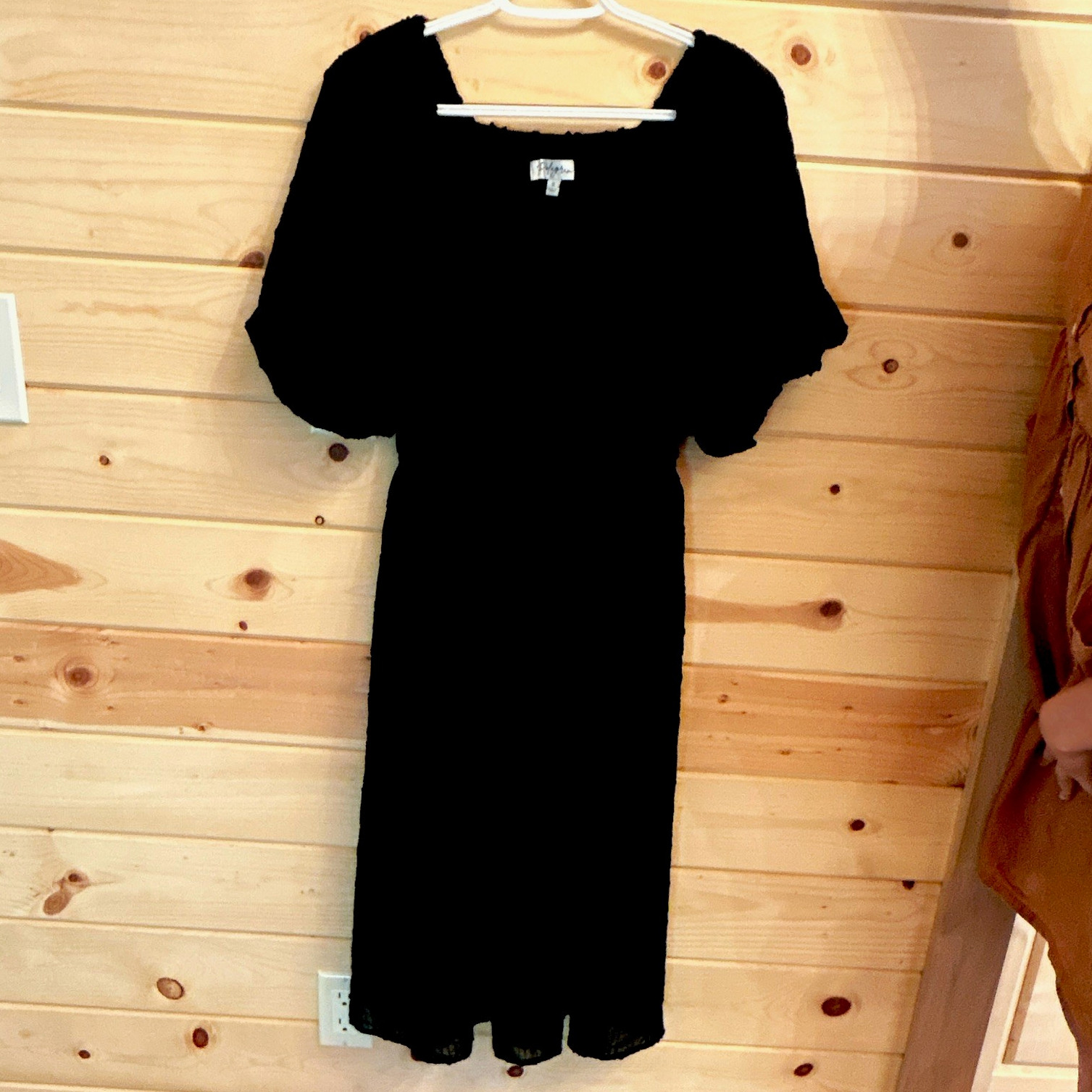 Black Smocked Square Neck Puff Sleeve A-Line Midi Dress