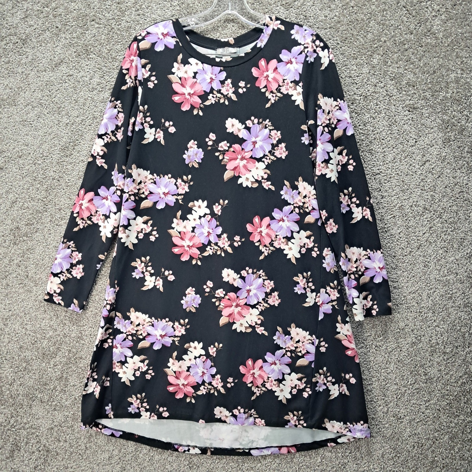 Falls Creek Womens Floral Long Sleeve Shift Dress Black Pink Purple Size S