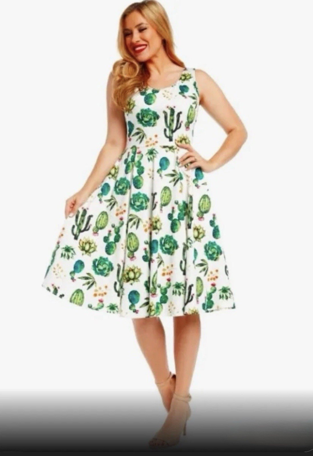 Eva Rose Cactus Succulent Print Fit Flare Dress USA Cotton Large Pockets