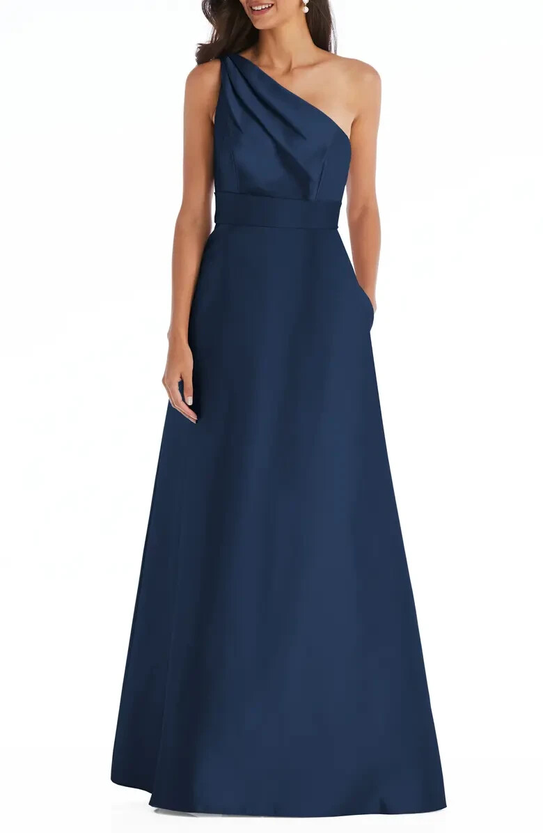 Alfred Sung Midnight Blue One-Shoulder A-Line Gown Dress Size 20 $239 D815S