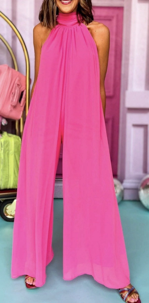 Elegant Fuchsia MSK Women Halter Neck Tie Back Sleeveless Jumpsuit Dress NEW