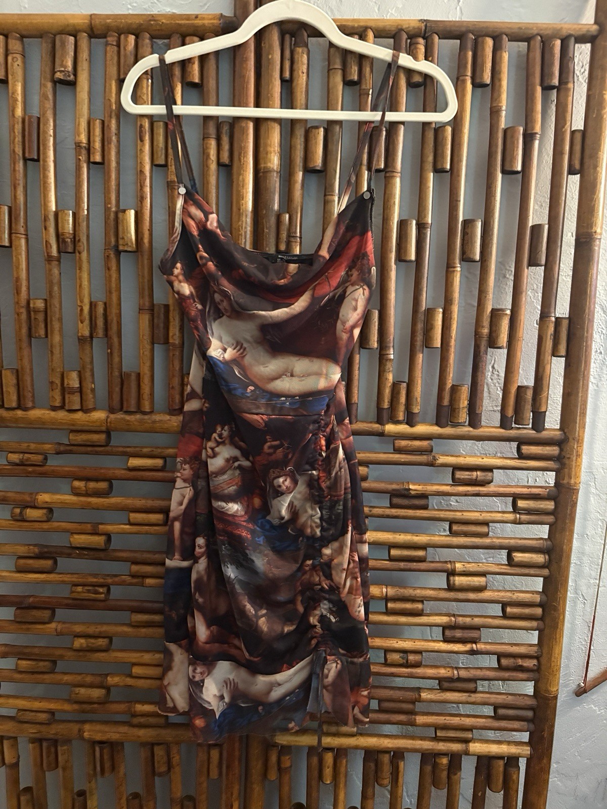 SZXS-S 90’sINSPIRED ANGEL GOD PRINTED MESH RUCHED FRONT SPAGHETTI STRAP DRESS