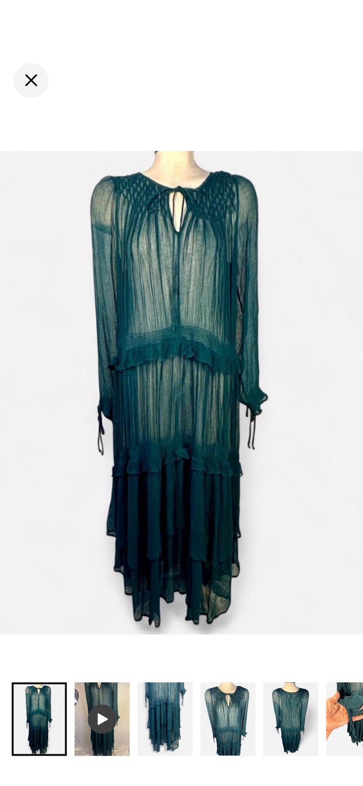Sundance Teal Sheer Chiffon Ruffle Tie Neck Midi Dress Cupro Viscose Size S