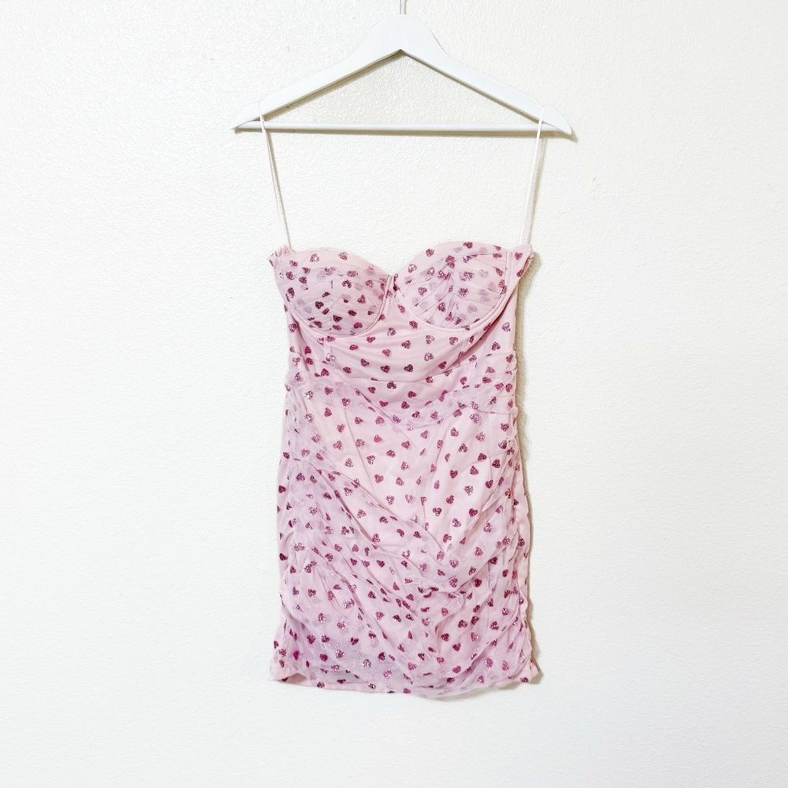Superdown Fifi Mesh Mini Ruched Glitter Heart Print Dress Pink Strapless L NEW
