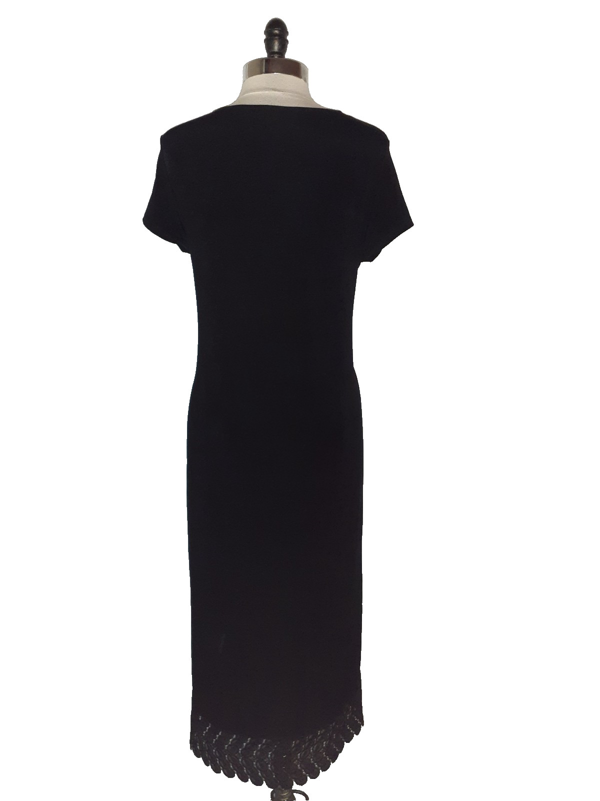 CHICO’S Sz 2 12 14 L Dress Black Short Sleeve Lace Hem Midi Stretch Slinky Knit