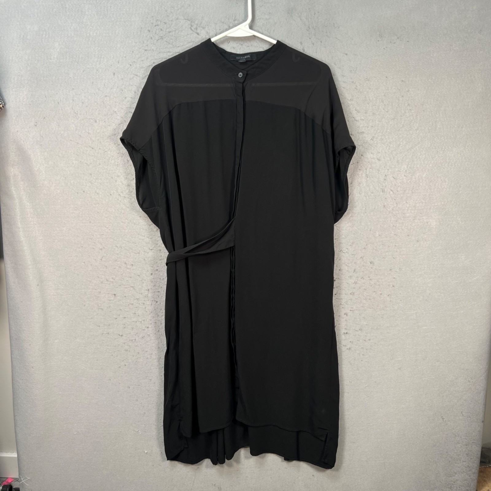 AllSaints Womens Large Black Button-Up Midi Dress Tie Waist Lightweight & Flowy