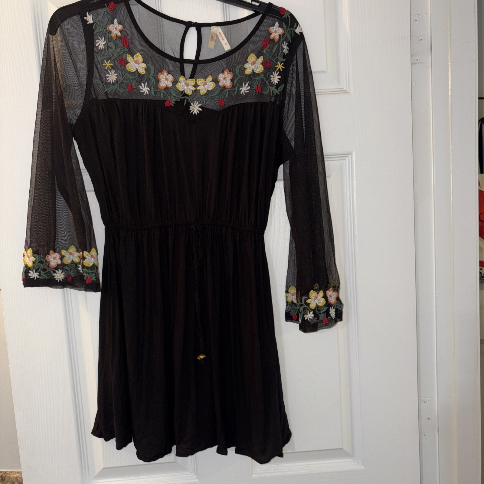 Black Mini Dress by True Destiny Sz M Sheer Bell Sleeve Embroidered Hem&Neckline