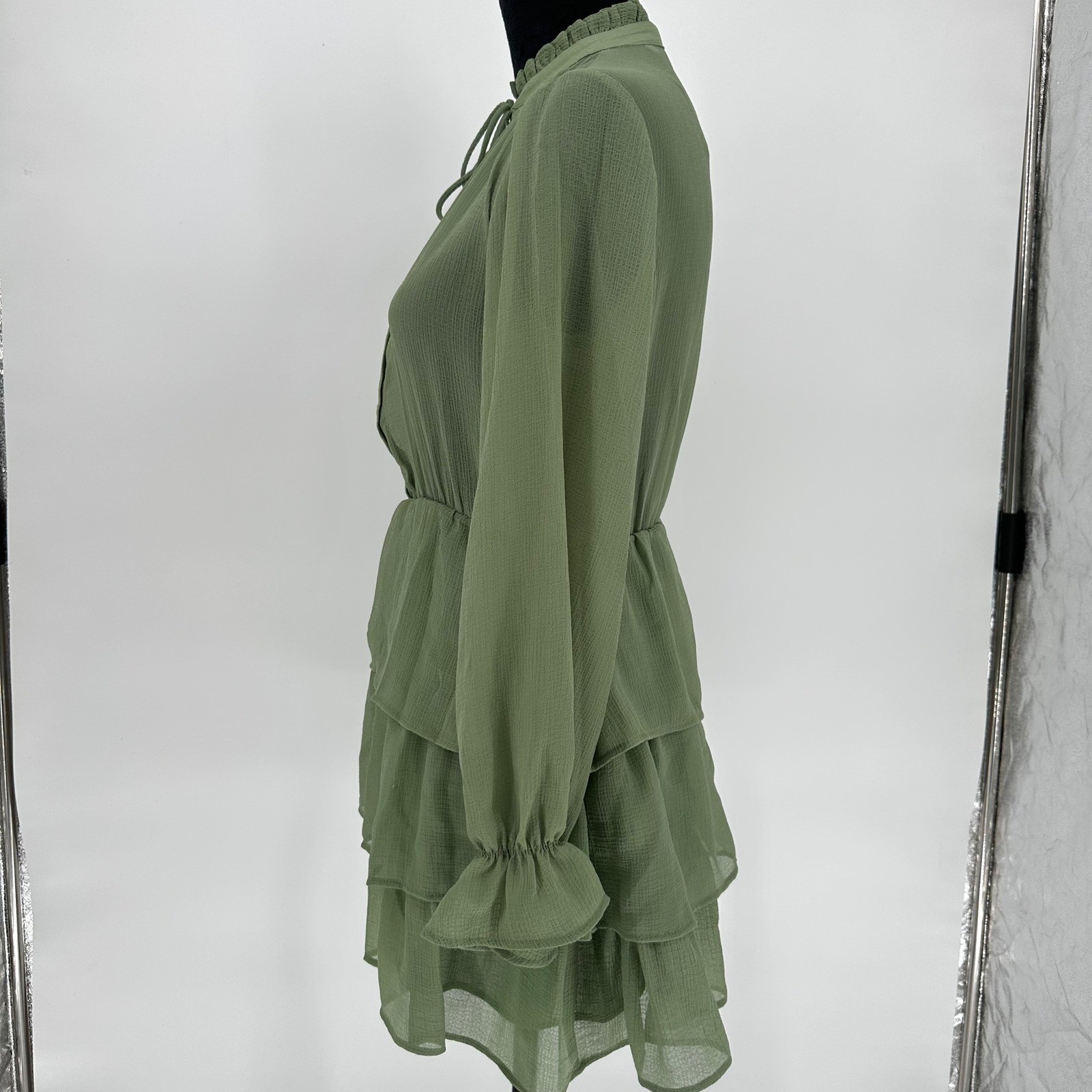 Zara Green Sheer Ruffle Long Sleeve Mini Short Dress V-Neck Women’s XS