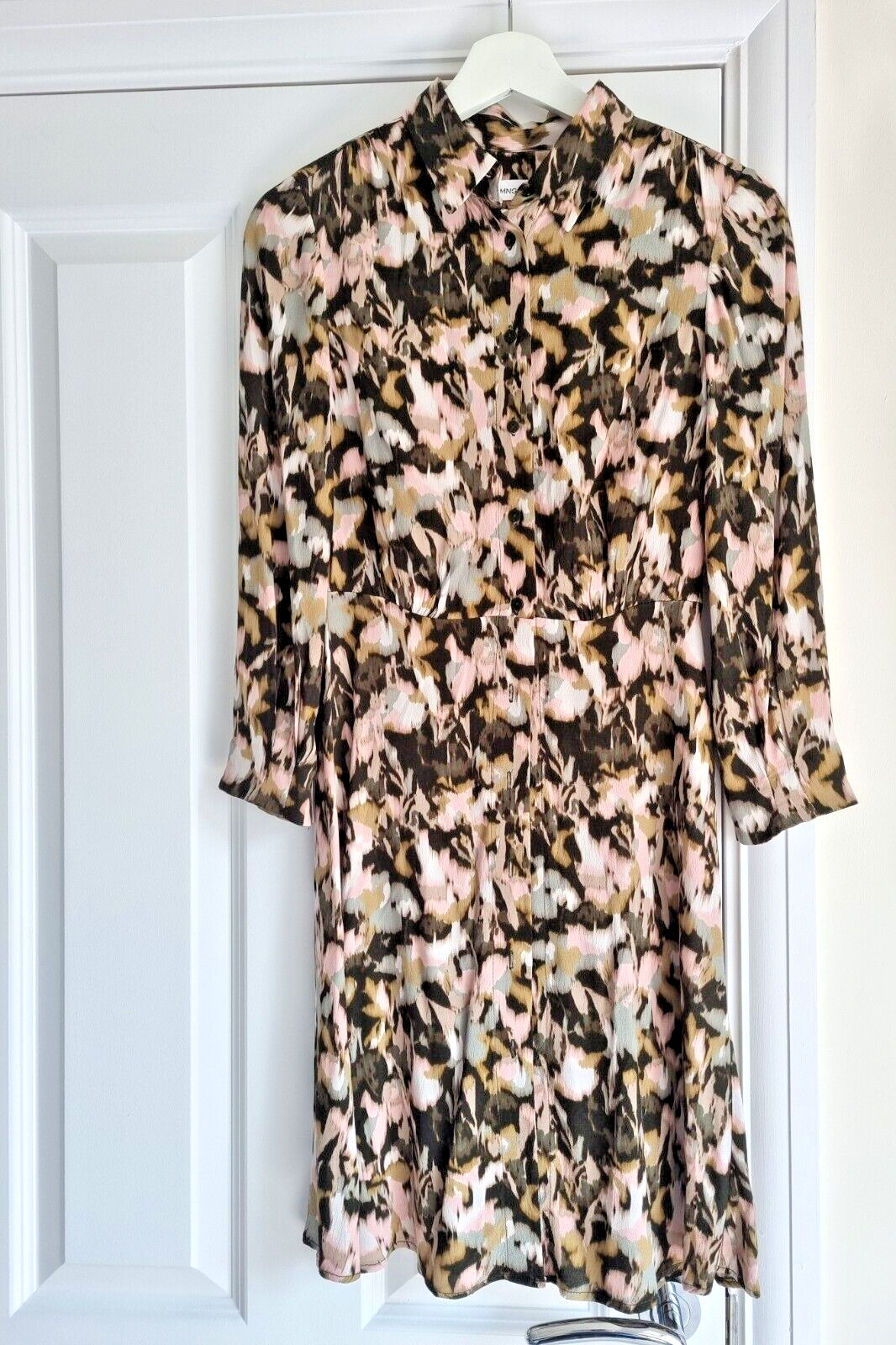Mango Viscose Shirt Dress UK 6 XS Slim Fit 3/4 Sleeves Khaki Beige Pink NWOT