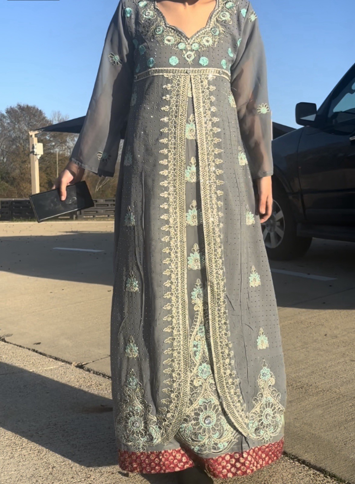 Grey Silver Embroidered Kaftan Dress Jalabiya Maxi Turquoise Beaded Trim Festive