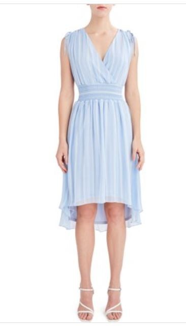 BCBG Paris Light Blue Striped Chiffon Dress Size Large Wrap V-Neck Hi Low