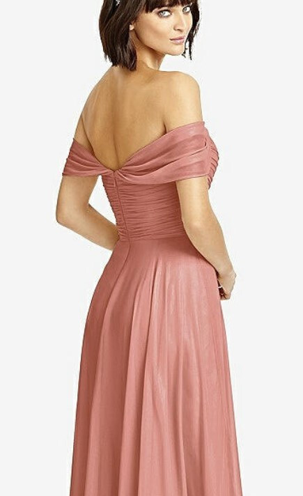Dessy 2970….Off-the-Shoulder Draped Chiffon Maxi Dress…Desert Rose…Sz 0