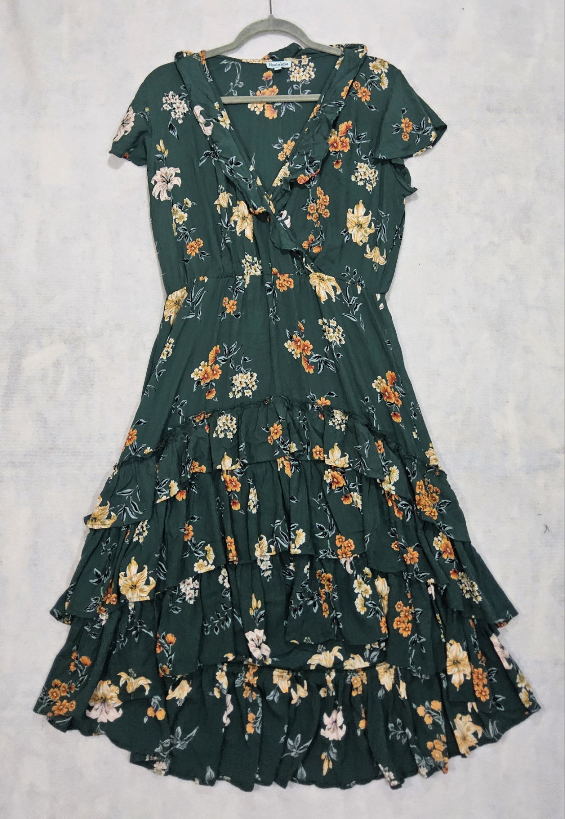 NOSTALGIA Dress Sz M 8 / 10 Hi-Low Green Floral Ruffles Western Country Yellow