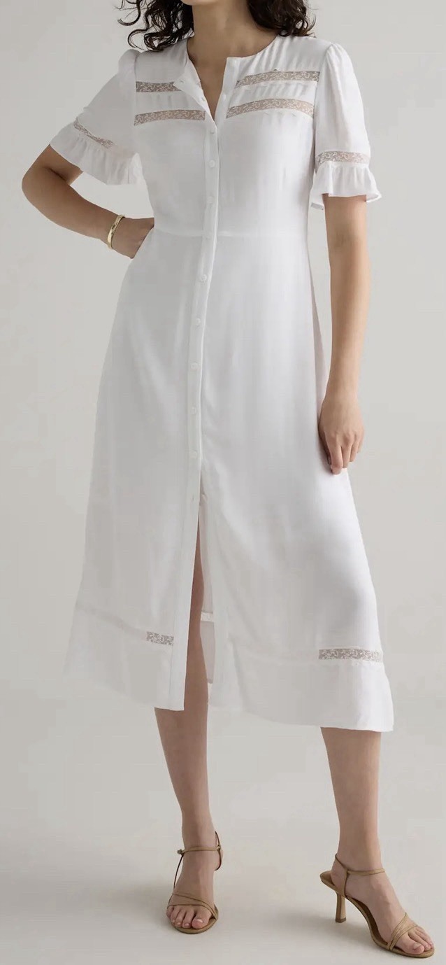 NWT Quince Women Sz M Lightweight Crepe Lace Inset Midi Dress White Ivory Boho