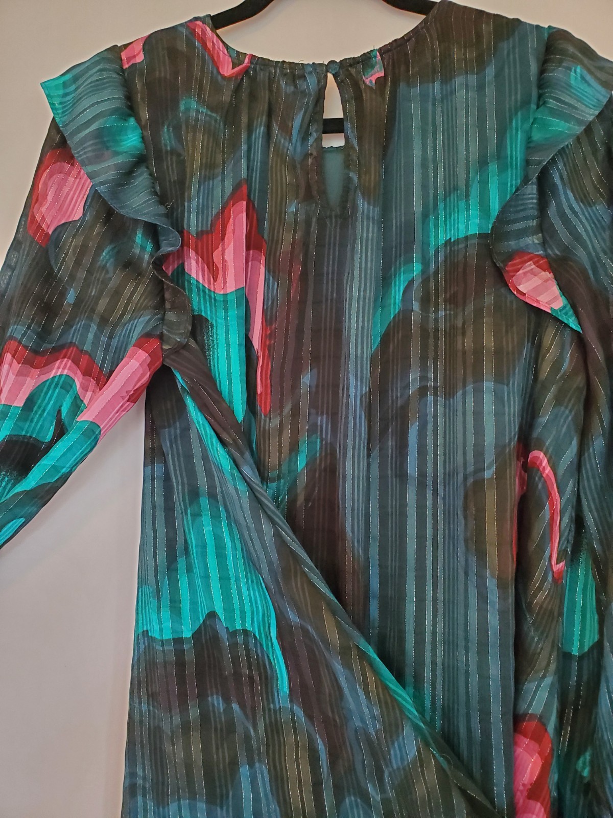 🎉NINE WEST🎉 Green, Black & Pink A-line/Flared Colorful Art Party Dress Sz Lg