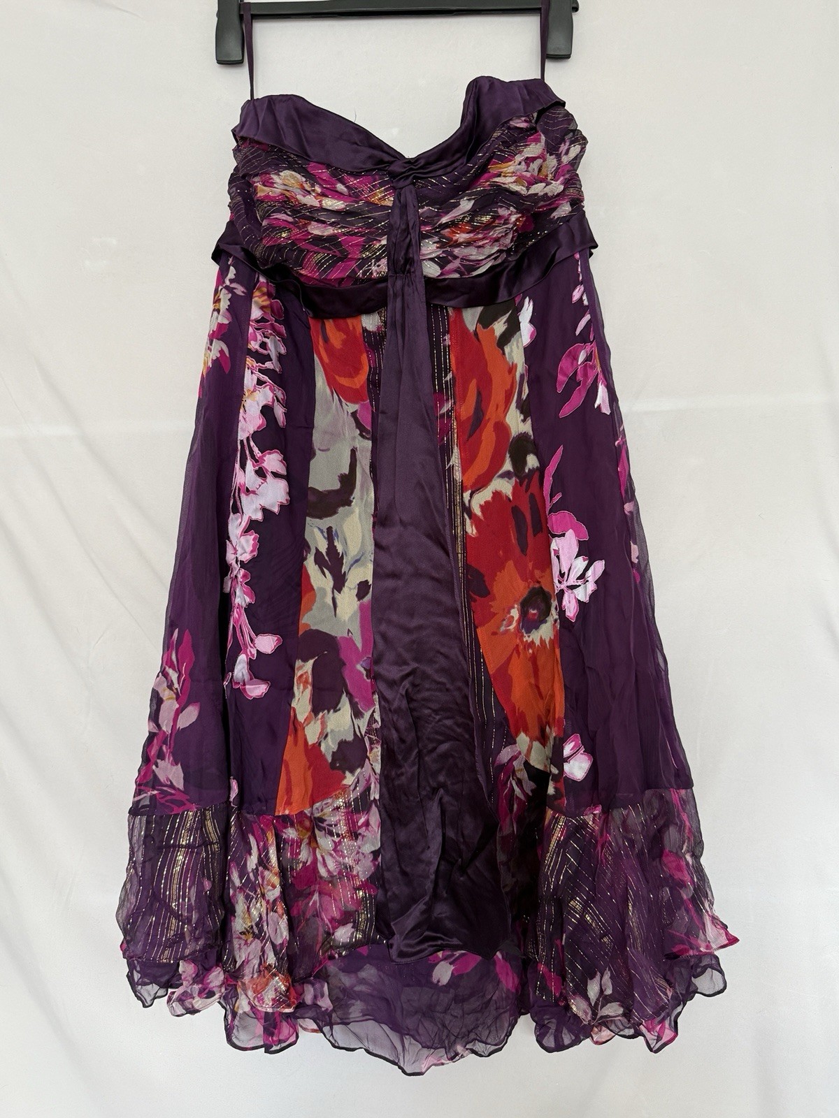 Monsoon Silk Blend Floral Strapless Tiered Maxi Dress Purple Pink Gold Size 18