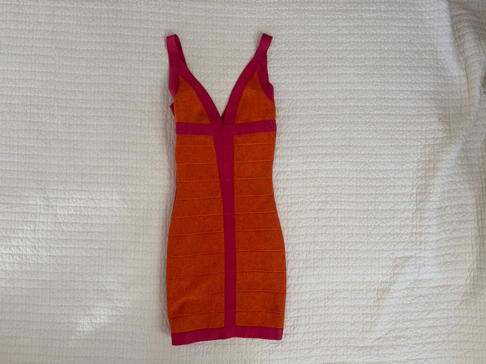 Hervé Léger orange and pink Billie bandage dress V-neckline back zip Size M