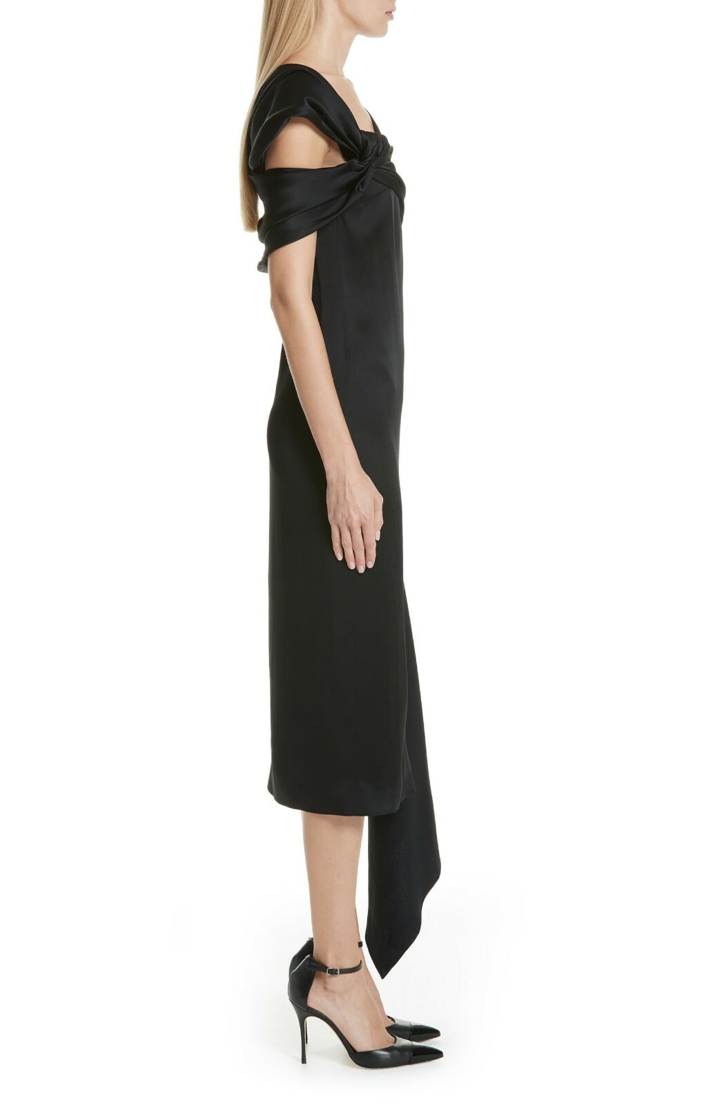 MONSE Black Duchess Italian Satin Cold Off Shoulder Asymmetric Midi Dress 6 = S