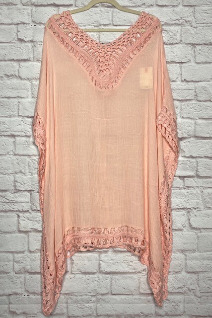 Large/XL/1X/2X New Soft Peach Gauze Crocheted Lace Beach Cover-Up Top Dress 50$