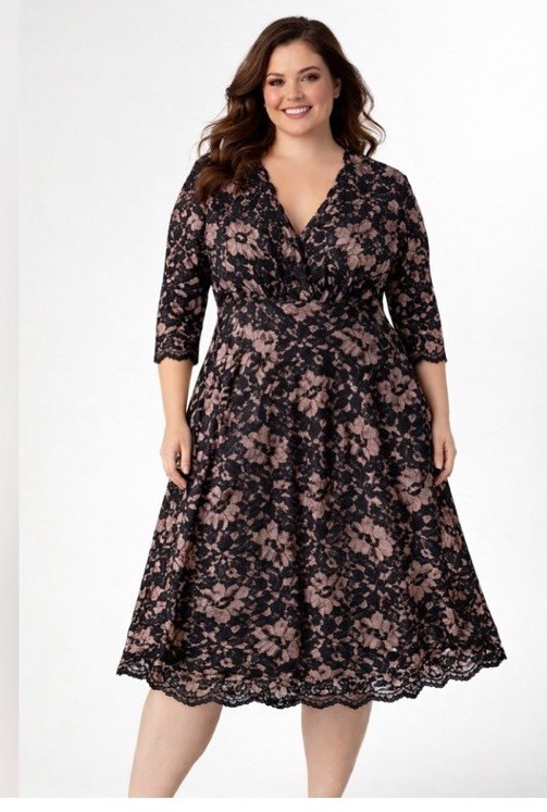 Kiyonna Mon Cherie Plus 2X Floral Lace Midi A-Line V-Neck 3/4 Pocket Dress