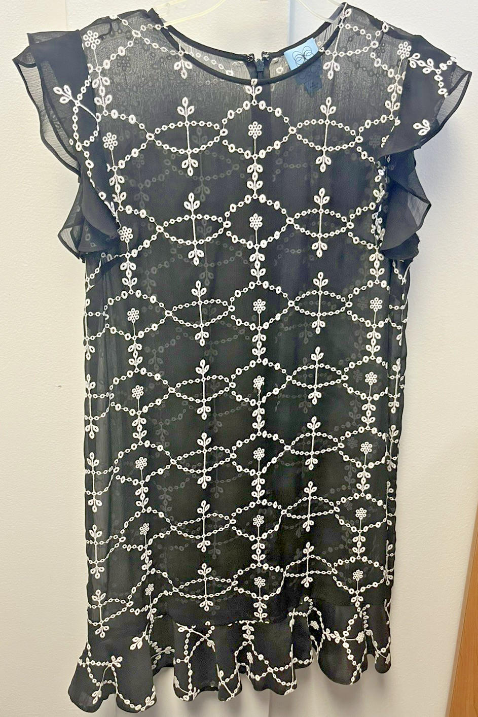 CeCe Womens Floral Ruffled Sleeve Party Mini Embroidered Black White Dress M