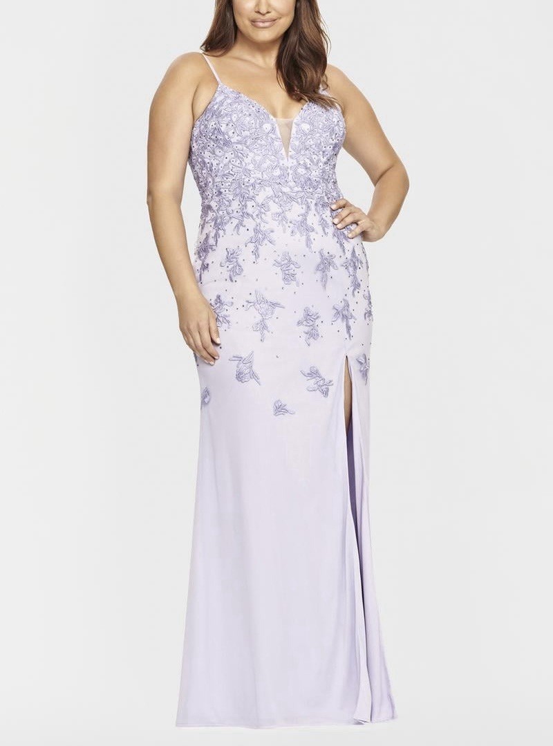 Faviana 9539 Floral Embroidered Gown Size 12W Peri Lilac High Slit Formal Dress