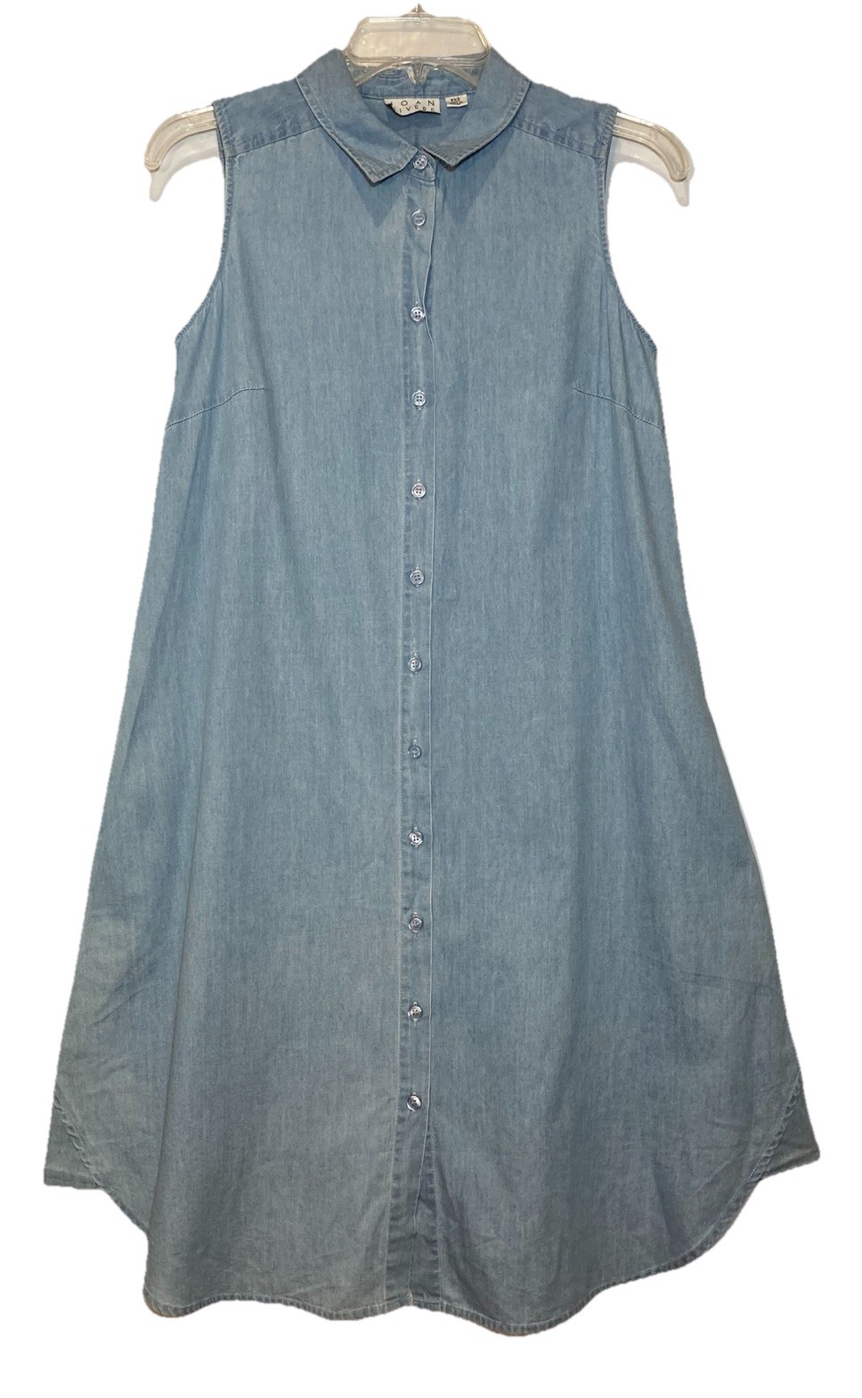 Joan Rivers Light Blue Denim Shirt Dress XXS 2XS Button Front Sleeveless Pockets