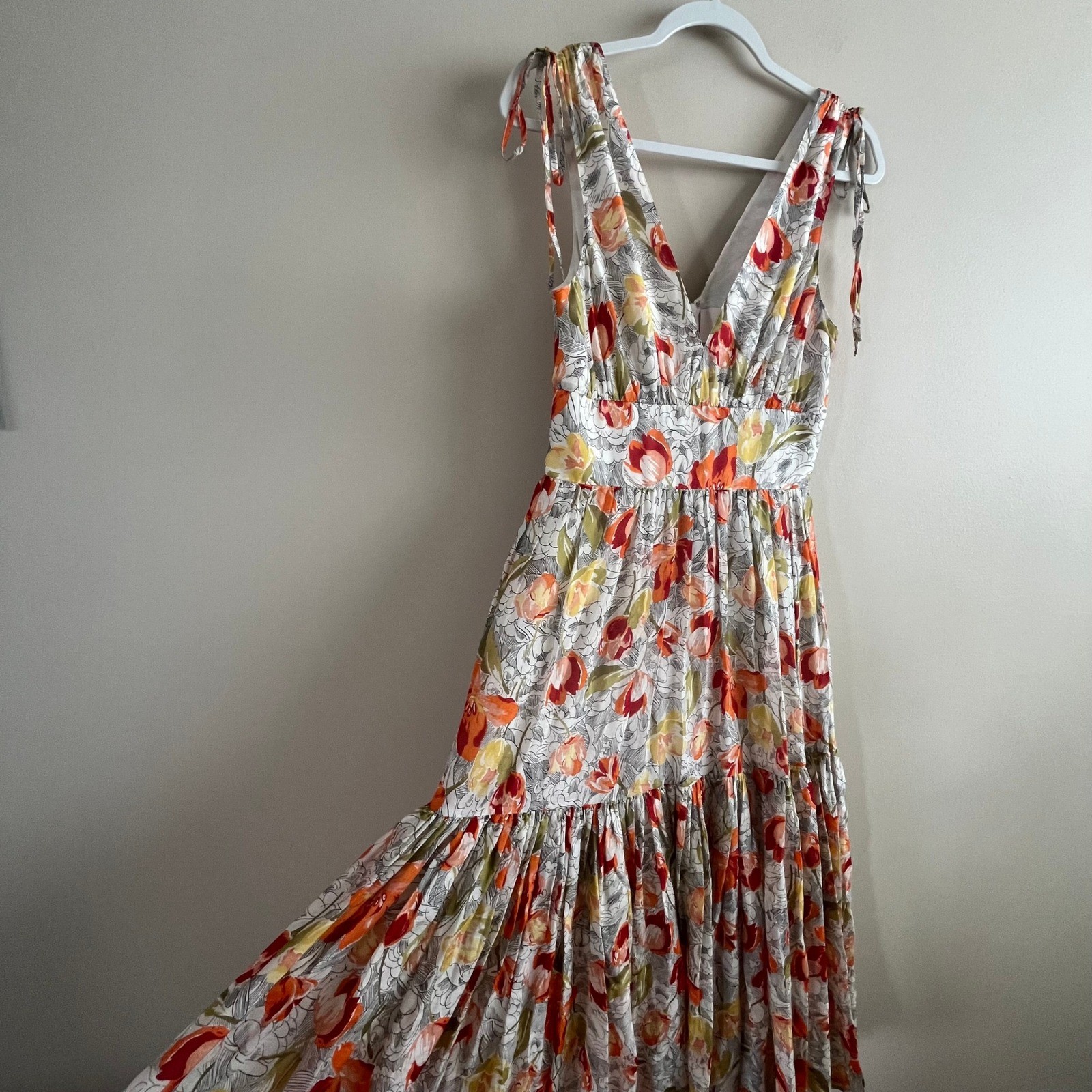 Cinq à Sept floral tiered midi dress 4 cotton silk smocked waist shoulder tie