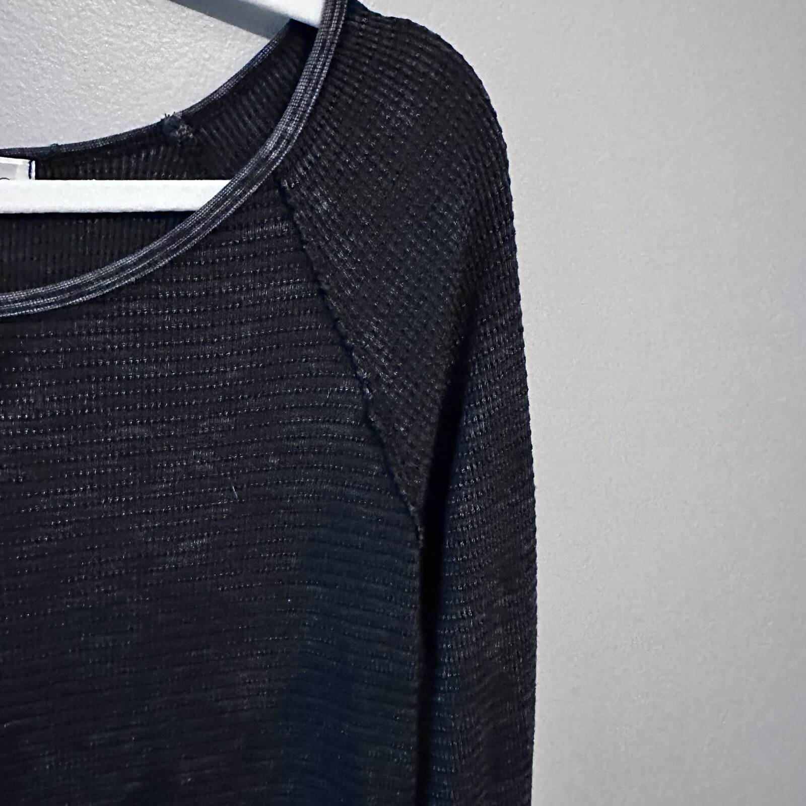 Able Dress Medium Black Washed Waffle Knit Raglan Contrast Print Button Cuff